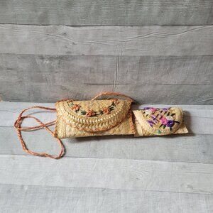 Handwoven Raffia Crossbody Bag & Clutch Set With Floral Design